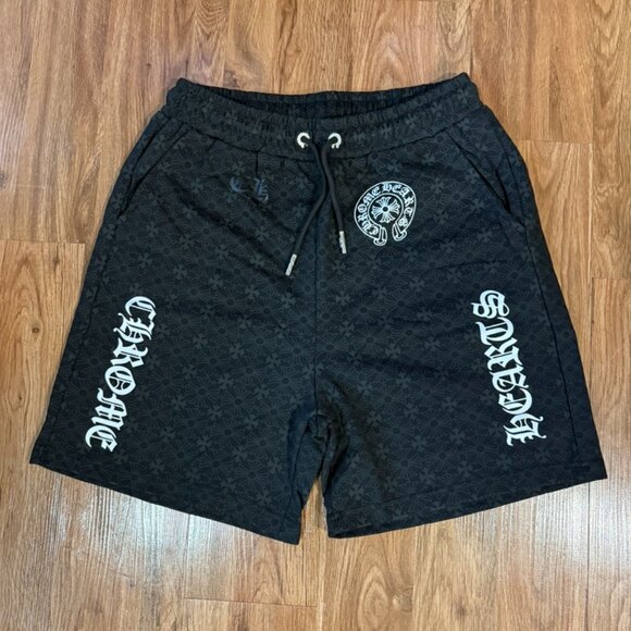 Chrome Hearts Black Tonal Monogram Horseshoe Script Logo Shorts Unisex Size 2XL